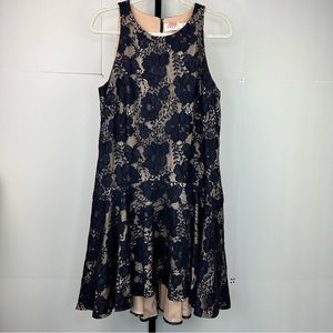 Eliza J Dress Womens 12 Navy Floral Lace Sleeveless Drop Waist Hi-Low Formal